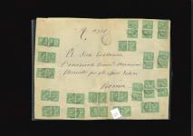 Stamp of Egypt » 1879 De La Rue » Issued Stamps 5pi green, an outstanding franking of twenty-one (21) mostly vertical pairs, tied bilingual CAIRE A/RECOMMANDÉS DÉPART/19.MA.84 cds on large registered cover front to the Italian Ministry of Foreign Affairs; Pasquale Sta