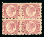 Stamp of Great Britain » 1854-70 Perforated Line Engraved 1870 1/2d. rose-red, pl. 8, LP-MQ block of four, some