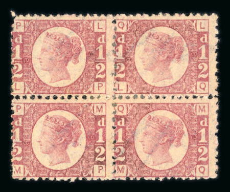 Stamp of Great Britain » 1854-70 Perforated Line Engraved 1870 1/2d. rose-red, pl. 8, LP-MQ block of four, some