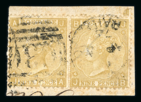Stamp of Great Britain » British Post Offices Abroad 1867 9d. straw JA-JB pair, fine used on piece with