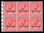 Stamp of Great Britain » King George V » 1911-12 Downey Head Issues GB 1912 (Nov) wmk Simple Cypher 1d booklet pane of six overprinted “SPECIMEN” (type 26)