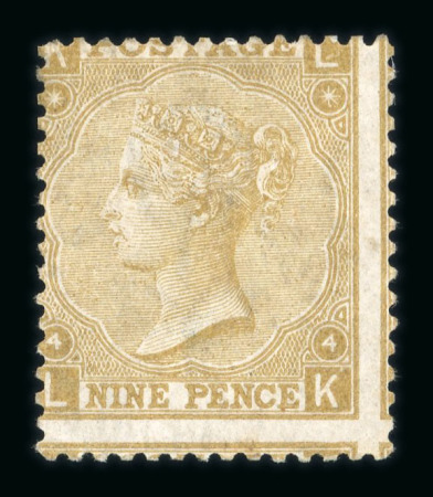 Stamp of Great Britain » 1855-1900 Surface Printed » 1867-80 Large Uncoloured Corner Letters, Wmk Spray of Rose 1867-80 9d. straw, pl. 4, LK, fine mint with large