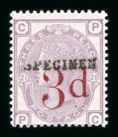 Stamp of Great Britain » 1855-1900 Surface Printed » 1880-83 Large Coloured Corner Letters, Wmk Imperial Crown 1880-83 3d. on 3d. overprinted “SPECIMEN” (type 9),