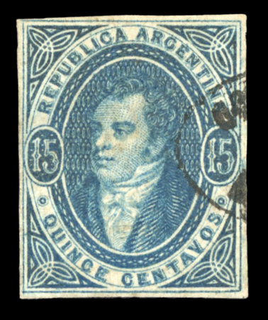 Stamp of Argentina » General issues 1864 Rivadavia Watermarked 15c blue used with clear impression