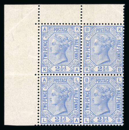 Stamp of Great Britain » 1855-1900 Surface Printed » 1880-83 Large Coloured Corner Letters, Wmk Imperial Crown 1880-83 2½d. blue, pl 22, KA-LB corner block of four,