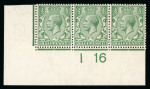Stamp of Great Britain » King George V » 1912-24 Profile Head Issues 1912-24 ½d. bright green, corner “I 16” control strip of three on wartime toned paper