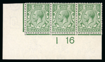 Stamp of Great Britain » King George V » 1912-24 Profile Head Issues 1912-24 ½d. bright green, corner “I 16” control strip of three on wartime toned paper