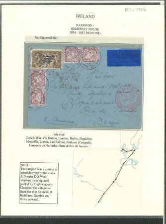 Stamp of Ireland » 1935 Re-Engraved Overprints (T75-T77) 2s6d chocolate, single in combination with Sord of Light 6d in two pair, all tied CORCAIGH/30.VIII.37 cds, on catapult flight via Dornier DO-WAL seaplane carrying mail piloted by Flight Captain Claussen, being catapulted