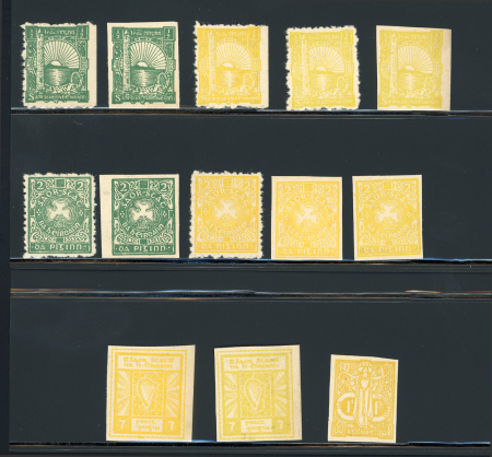 Stamp of Ireland » Essays & Proofs (E1-E167) 1922 O'Loughlin, Murphy & Boland: 1/2d to 1s selection of both imperforate and perforated essays, in yellow, lemon or green, a fine group (13)(Hib. E123/E149, €550+)