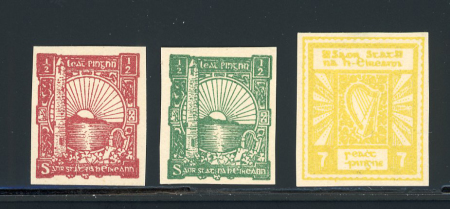 Stamp of Ireland » Essays & Proofs (E1-E167) 1922 O'Loughlin, Murphy & Boland: 1/2d red and green, 7d lemon, all imperforate, a fine group (3)(Hib. E142/E149, €128)