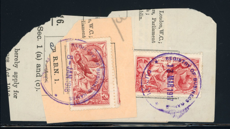 Stamp of Ireland » GB Used In Ireland 1917 Registry of Business, Dublin violet datestamps, tying GB Seahorse 5s red on three separate fragments, unusual and scarce