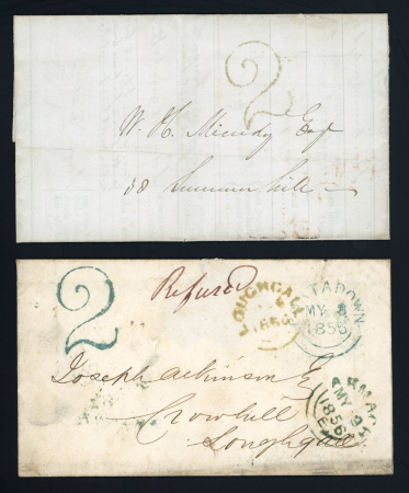 Stamp of Ireland » Pre-Stamp Postal History » Collections, lots etc. 1849-1866 Uniform Tuppenny Post mkgs in black and green on three covers, plus "2d"  large hs in black, a fine group (4)