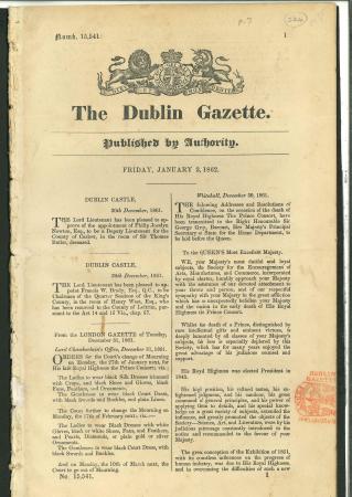 Stamp of Ireland » Historical Documents 1840-1877 Newspapers and documents, including 1840 The Morning Post with an interesting article about the "Penny Post folly", plus 1970 1/2d rose tied on United Service Gazette, also a document The Dublin Gazette of 1862