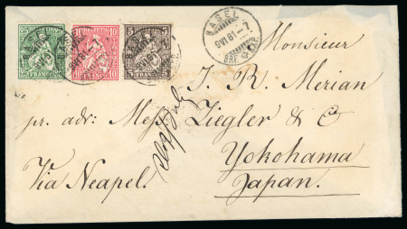 Stamp of Switzerland / Schweiz » Sitzende Helvetia Gezaehnt » Destinationen 1881, 5 Rp. braun, 10 Rp. rot und 25 Rp. grün auf Brief nach Japan