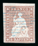 Stamp of Switzerland / Schweiz » Sitzende Helvetia Ungezähnt » Münchner Druck, 3. Auflage 1854, 5 Rp. braun, 3. Münchner Druckperiode