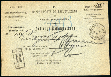 Stamp of Luxembourg Luxembourg 1896 MANDAT-POSTE De RECOUVREMENT printed envelope used to Bremen