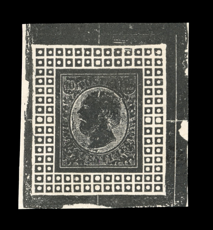 Stamp of Luxembourg 1876 Brück negative essay of 10c surrounded by small squares on thin paper