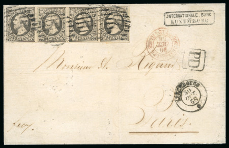 Stamp of Luxembourg Luxembourg 1858 Last Printing 10c grey horizontal strip of four on outer letter sheet to Paris