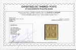 Stamp of France » Type Cérès de 1849-1850 1850, Cérès n°1 10c bistre-jaune nuance foncée, bloc de 4, en coin de feuille avec belles marges