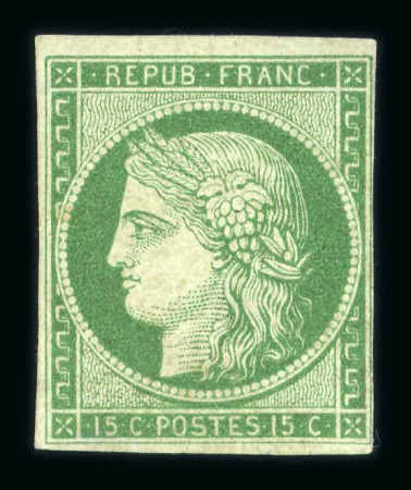 Stamp of France » Type Cérès de 1849-1850 1850, Cérès n°2 15c vert neuf sans gomme filets intacts.