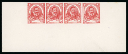 Stamp of Ireland » Essays & Proofs (E1-E167) 1922 Dollard: Valdivia Imperforate essay in bright vermilion bottom corner sheet marginal strip of four, showing extra frame-line plate error at right and left plate, fine to very fine (3) (Hib. E58a, €450+)
