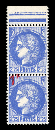 Stamp of France » Variétés et curiosités 1940, Cérès n°487a 2f25 outremer surchargé 1fr tenant