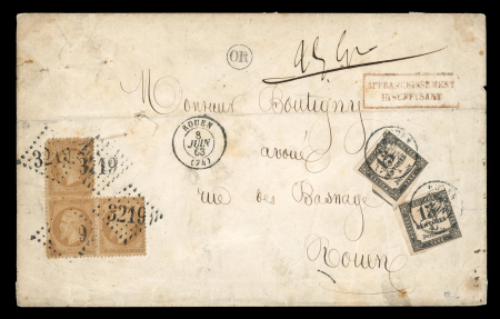 Stamp of France » Timbres-Taxe 1863, enveloppe affranchie de n°21 Napoléon (3ex) oblitérés