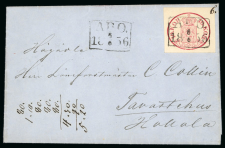 Stamp of Finland 1856 10 kop reddish carmine, wide margins, on entire to Tavastehus, cancelled by Abo 6.6.1856 boxed ds