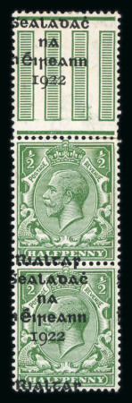 Stamp of Ireland » 1922 (Feb) Dollard Overprints (T1-T14) 1/2d green, mint vertical gutter marginal pair, showing overprint missing in pair with normal variety, fine and very rare showpiece (Hib. €1'200)
