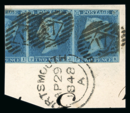 Stamp of Great Britain » 1841 2d Blue 1841 2d blue pl.3 PJ-PK pair with large part of adjoining adhesive at left, used on piece with London numeral