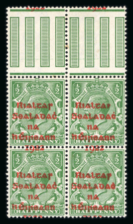 Stamp of Ireland » 1922 Overprint Proofs (PR1-PR29) 1/2d green, mint nh top gutter marginal block of four, showing the red proof overprint with date at top and type 2 violet handstamp on reverse, fresh, very fine and a rare showpiece (Hib. €1'000+)