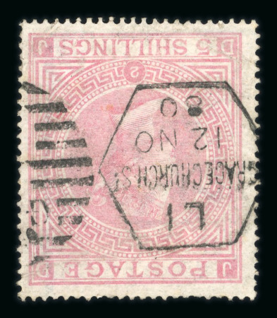 Stamp of Great Britain » 1855-1900 Surface Printed » 1867-83 High Values 1867-78 5/- pale rose, pl. 2, DJ, cancelled by hexagonal