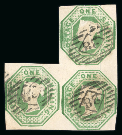 Stamp of Great Britain » 1847-54 Embossed 1847-54 1/- green irregular strip of three, mainly