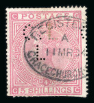 Stamp of Great Britain » 1855-1900 Surface Printed » 1867-83 High Values 1882-83 5/- rose, pl. 4, GC, trimmed perfs. and perfin.