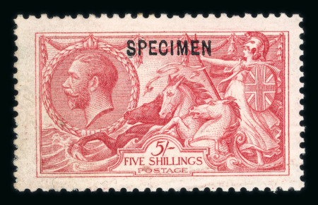 Stamp of Great Britain » King George V » 1913-19 Seahorse Issues GB 1913 Waterlow 5/- rose-carmine, overprinted “SPECIMEN” type 26, part gum