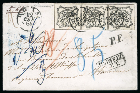 Stamp of Italian States » Papal States 1852, 8 baj. strip of 3 on cover from Rome