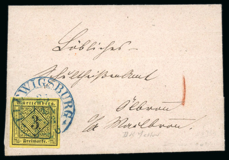Stamp of German States » Wurttemberg Wurttemberg 1853 (Jan. 25) cover bearing 3k on yellow tied by neat Ludwigsberg cds