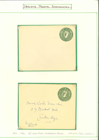 Stamp of Ireland » Postal Stationery 1924–1992 Envelopes: A specialised collection of over 155 unused and used postal stationery envelopes, neatly arranged and written up on over 80 album pages, and carefully housed in three albums. The holding is practical