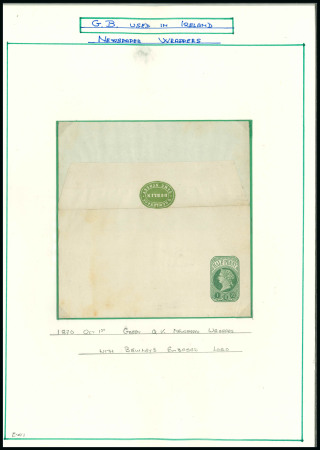Stamp of Ireland » GB Used In Ireland 1870-1924 Newspaper Wrappers: An attractive and specialised collection, neatly mounted and knowledgeably written up across nineteen (19) album pages, showing both unused and used wrappers, with a few stamped to order, mo