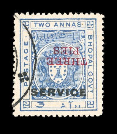 Stamp of Indian States » Bhopal 1935 3pies surcharge INVERTED on ½ anna green MINT