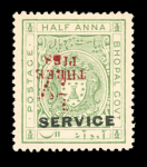Stamp of Indian States » Bhopal 1935 3pies surcharge INVERTED on ½ anna green MINT