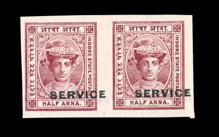 Stamp of Indian States » Indore 1904 ½ anna lake-brown imperf pair overprinted with