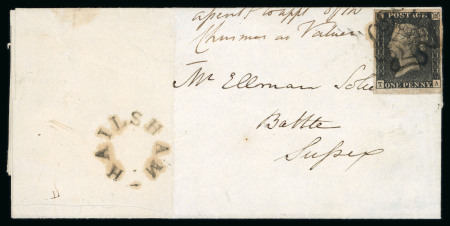 Stamp of Great Britain » 1840 1d Black and 1d Red plates 1a to 11 1841 (Mar 30) entire from Hailsham (Sussex) to Battle with 1840 1d black pl.6 TA, 1d black used single and four perf. line engraved covers