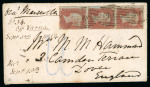 Stamp of Great Britain » British Post Offices Abroad » Crimea Crimean War 1854 envelope to England franked three 1d cancelled on arrival,  "Off Varna" annotation