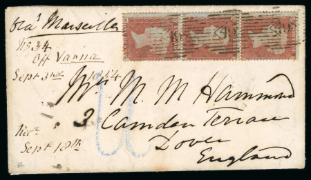 Stamp of Great Britain » British Post Offices Abroad » Crimea Crimean War 1854 envelope to England franked three 1d cancelled on arrival, "Off Varna" annotation