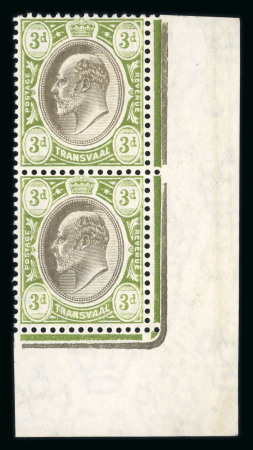 Stamp of South Africa » Transvaal 1906 KEVII wmk multi CA 3d black and sage-green in mint n.h. vertical lower right corner pair showing a ‘ghosting’ of the frame