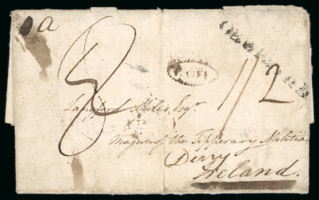 Stamp of Ireland » Pre-Stamp Postal History » Independant Post Office Period - 1784-1831 1797 (6.5) Folded entire from Oswestry sent to Derry, rated "8" being deleted and rerated "1/2", showing clear strike of the scarce black dotted oval T * OFF, MY/6/97 bs, very fine and scarce and the rarest of the two ty