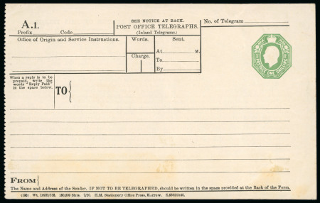 Stamp of Ireland » Postal Stationery 1922 Telegram Form: George V unused 1s green, embossed George V, text printed in black in English on cream paper, code A.1, 194 x 121 mm without additional left margin or inter leafing page, some light wrinkles, fine and