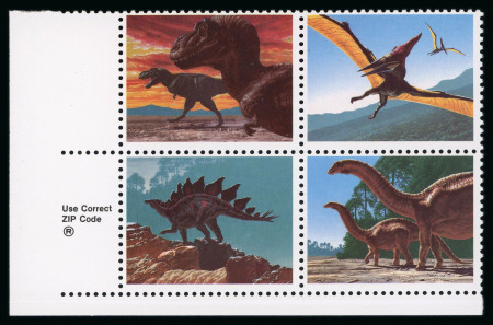 Stamp of Thematics United States 1989 Prehistoric Animals 25c block of four missing black Mint n.h.