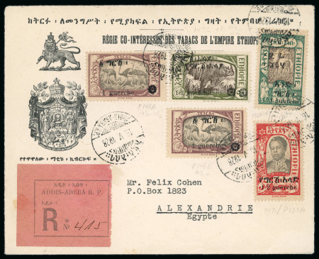 Stamp of Ethiopia Ethiopia 1928 illustarted registered cover to Alexandria, surcharge values with some double